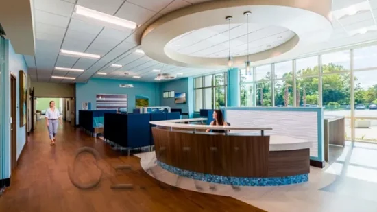 Mesa frontal larga blanca de superficie sólida, escritorio de recepción de clínica grande, diseño de estación de enfermería de Hospital en forma de U